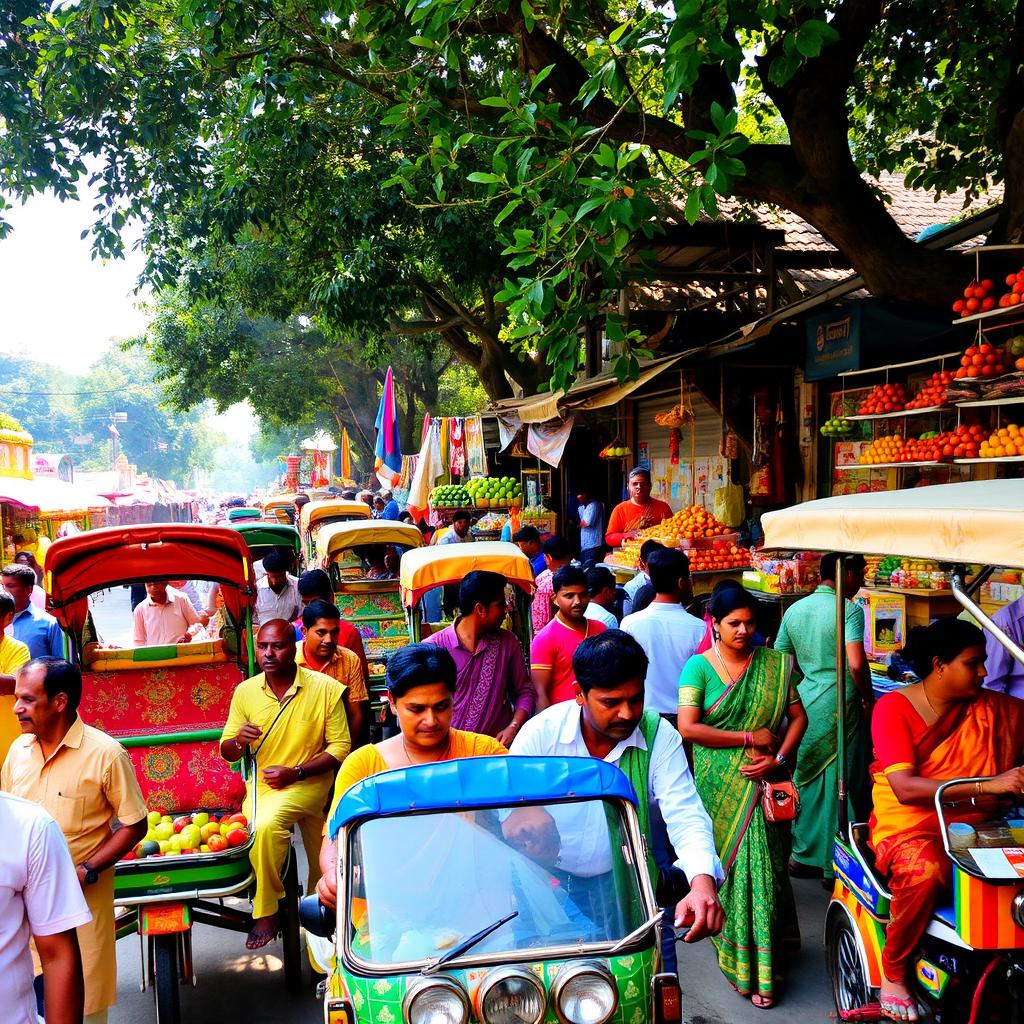 A vibrant street market scene in Bangladesh, bustling with activity