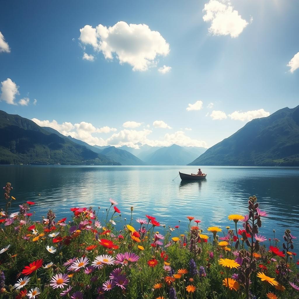 A serene landscape featuring a tranquil lake surrounded by lush green mountains under a clear blue sky, with fluffy white clouds drifting by