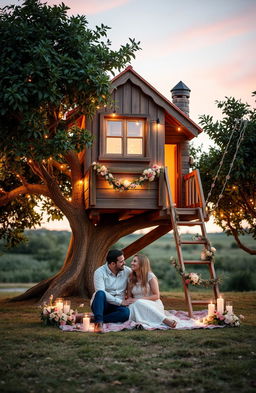 A romantic scene set against a charming treehouse background, adorned with soft fairy lights and surrounded by lush greenery