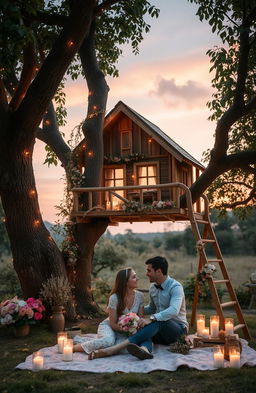 A romantic scene set against a charming treehouse background, adorned with soft fairy lights and surrounded by lush greenery
