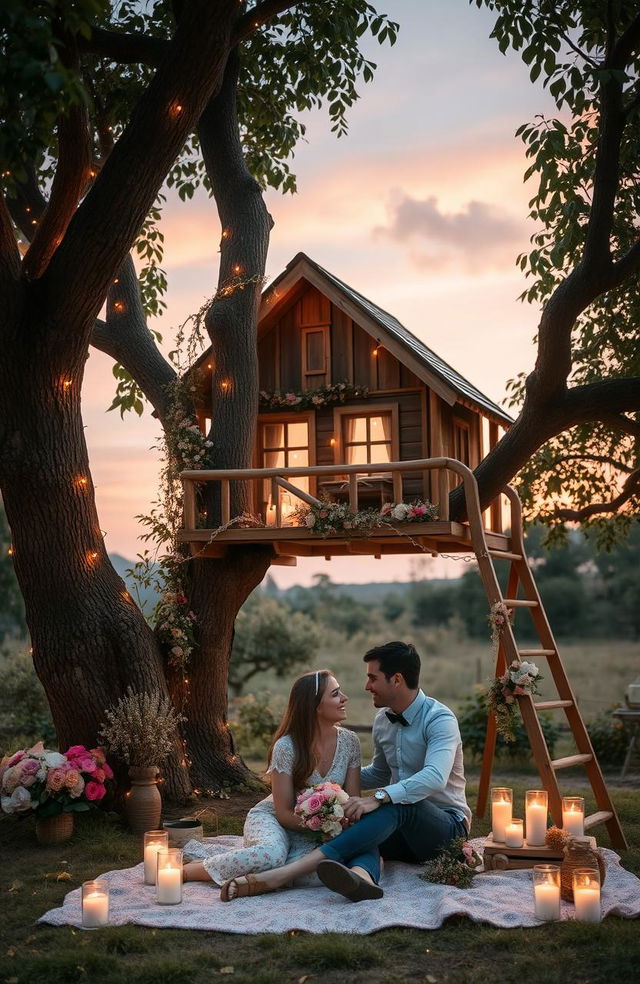 A romantic scene set against a charming treehouse background, adorned with soft fairy lights and surrounded by lush greenery