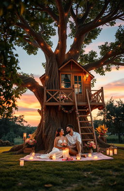 A romantic scene set against a charming treehouse background, adorned with soft fairy lights and surrounded by lush greenery