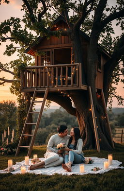 A romantic scene set against a charming treehouse background, adorned with soft fairy lights and surrounded by lush greenery