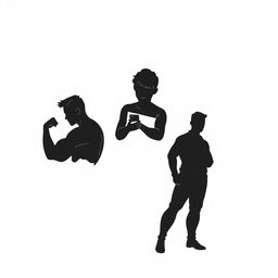 On a white background, three bold silhouettes: the first silhouette shows a student's muscles poised and ready for action, showcasing a strong yet dynamic posture; the second silhouette captures the tension of their fingers twitching, eagerly reaching out as if to unlock a phone, conveying a sense of urgency and anticipation; the third silhouette represents willpower, depicted as a strong figure standing firm with a determined expression, emphasizing control and resilience