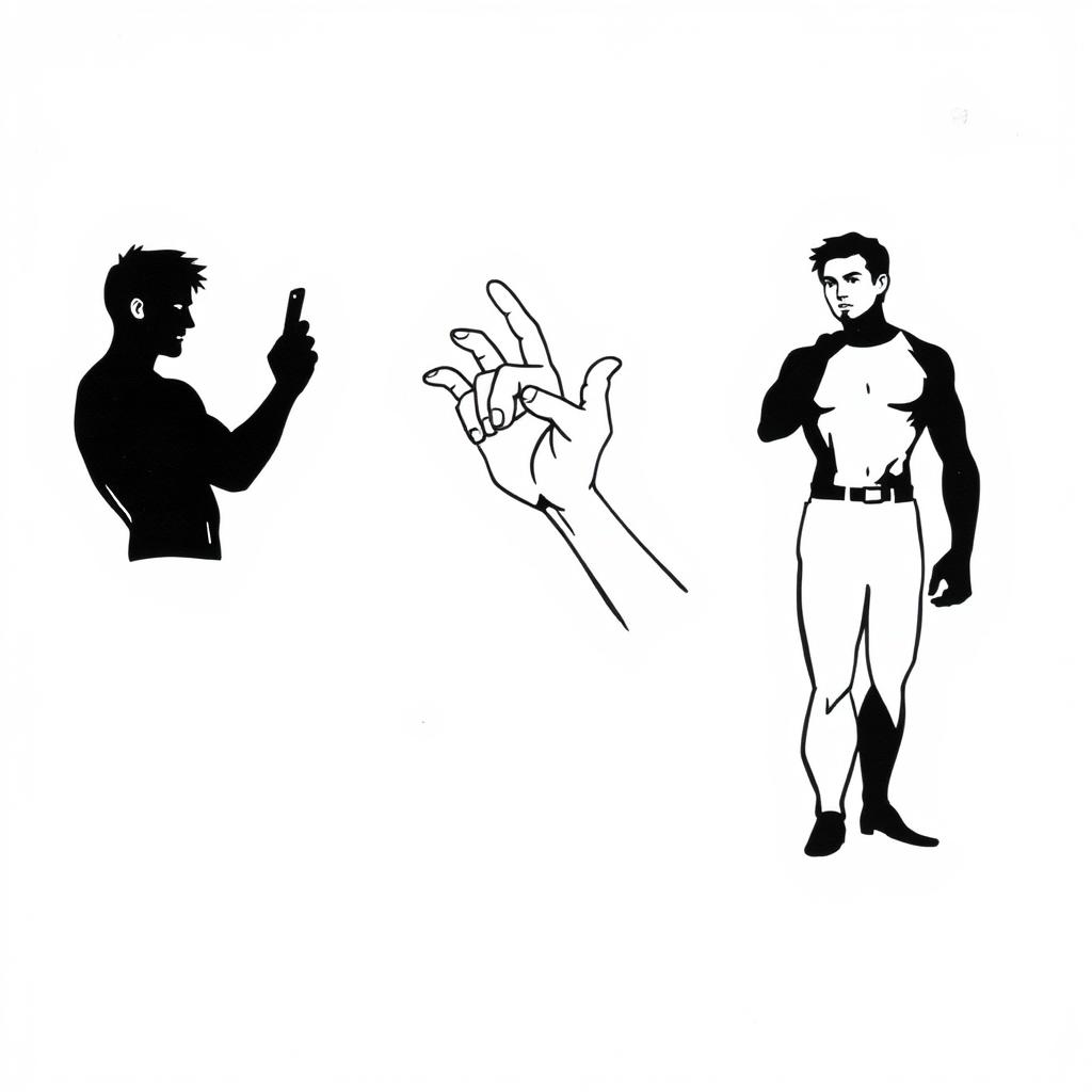 On a white background, three bold silhouettes: the first silhouette shows a student's muscles poised and ready for action, showcasing a strong yet dynamic posture; the second silhouette captures the tension of their fingers twitching, eagerly reaching out as if to unlock a phone, conveying a sense of urgency and anticipation; the third silhouette represents willpower, depicted as a strong figure standing firm with a determined expression, emphasizing control and resilience