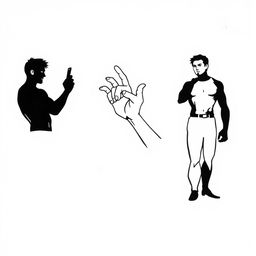 On a white background, three bold silhouettes: the first silhouette shows a student's muscles poised and ready for action, showcasing a strong yet dynamic posture; the second silhouette captures the tension of their fingers twitching, eagerly reaching out as if to unlock a phone, conveying a sense of urgency and anticipation; the third silhouette represents willpower, depicted as a strong figure standing firm with a determined expression, emphasizing control and resilience