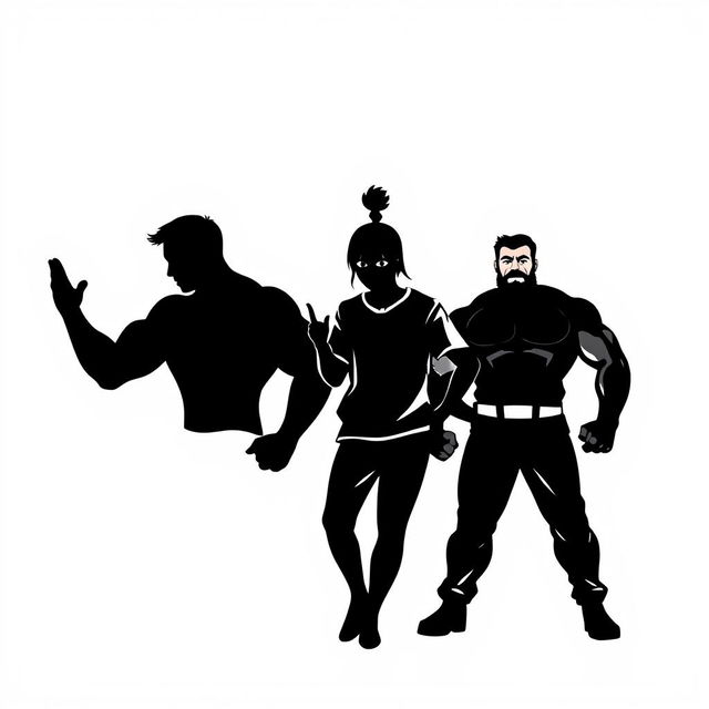 On a white background, three bold silhouettes: the first silhouette shows a student's muscles poised and ready for action, showcasing a strong yet dynamic posture; the second silhouette captures the tension of their fingers twitching, eagerly reaching out as if to unlock a phone, conveying a sense of urgency and anticipation; the third silhouette represents willpower, depicted as a strong figure standing firm with a determined expression, emphasizing control and resilience