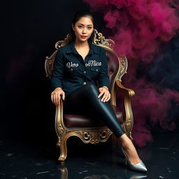 A beautiful young Thai woman with striking blue eyes, elegantly sitting on a decorated chair featuring intricate motifs in platinum color