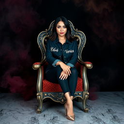 A beautiful young Thai woman with striking blue eyes, elegantly sitting on a decorated chair featuring intricate motifs in platinum color