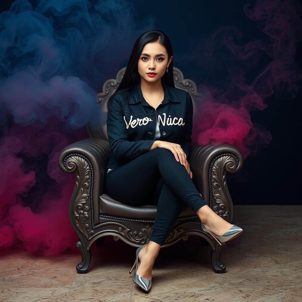 A beautiful young Thai woman with striking blue eyes, elegantly sitting on a decorated chair featuring intricate motifs in platinum color