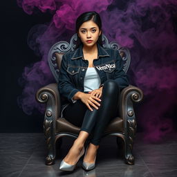 A beautiful young Thai woman with striking blue eyes, elegantly sitting on a decorated chair featuring intricate motifs in platinum color