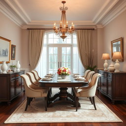 A beautifully decorated dining room featuring an elegant wooden dining table set for a meal, surrounded by plush upholstered chairs