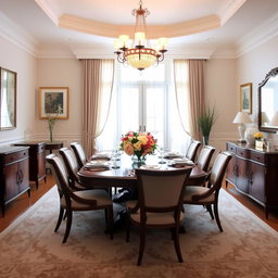 A beautifully decorated dining room featuring an elegant wooden dining table set for a meal, surrounded by plush upholstered chairs