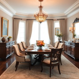 A beautifully decorated dining room featuring an elegant wooden dining table set for a meal, surrounded by plush upholstered chairs