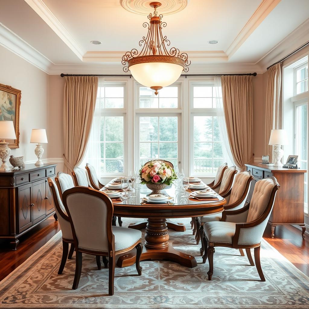 A beautifully decorated dining room featuring an elegant wooden dining table set for a meal, surrounded by plush upholstered chairs