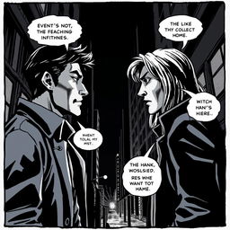 A black and white comic style illustration featuring two people engaged in a deep conversation