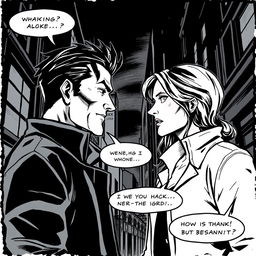 A black and white comic style illustration featuring two people engaged in a deep conversation