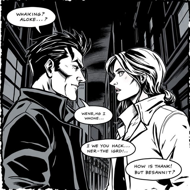 A black and white comic style illustration featuring two people engaged in a deep conversation