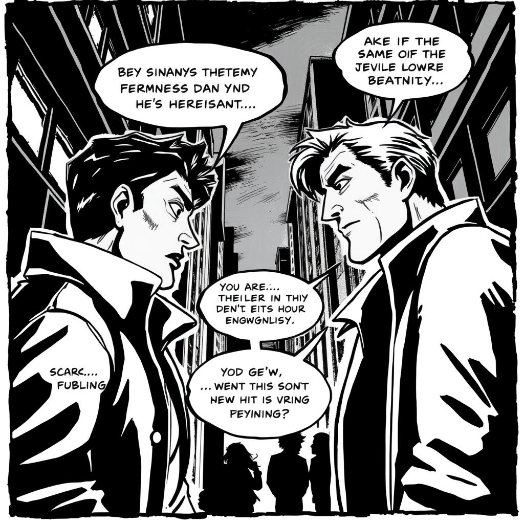 A black and white comic style illustration featuring two people engaged in a deep conversation