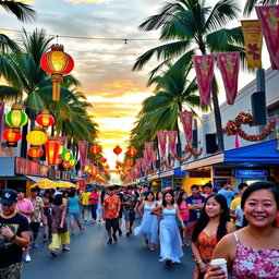 A vibrant street festival celebrating Filipino culture, featuring colorful parols (Christmas lanterns), traditional Filipino attire such as Barong Tagalog and Filipiniana dresses, joyful dancers performing a lively Tinikling dance, delicious street food stalls serving favorites like lechon and halo-halo, and the warm smiles of people enjoying the festivities