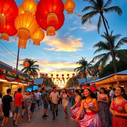 A vibrant street festival celebrating Filipino culture, featuring colorful parols (Christmas lanterns), traditional Filipino attire such as Barong Tagalog and Filipiniana dresses, joyful dancers performing a lively Tinikling dance, delicious street food stalls serving favorites like lechon and halo-halo, and the warm smiles of people enjoying the festivities