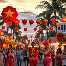 A vibrant street festival celebrating Filipino culture, featuring colorful parols (Christmas lanterns), traditional Filipino attire such as Barong Tagalog and Filipiniana dresses, joyful dancers performing a lively Tinikling dance, delicious street food stalls serving favorites like lechon and halo-halo, and the warm smiles of people enjoying the festivities
