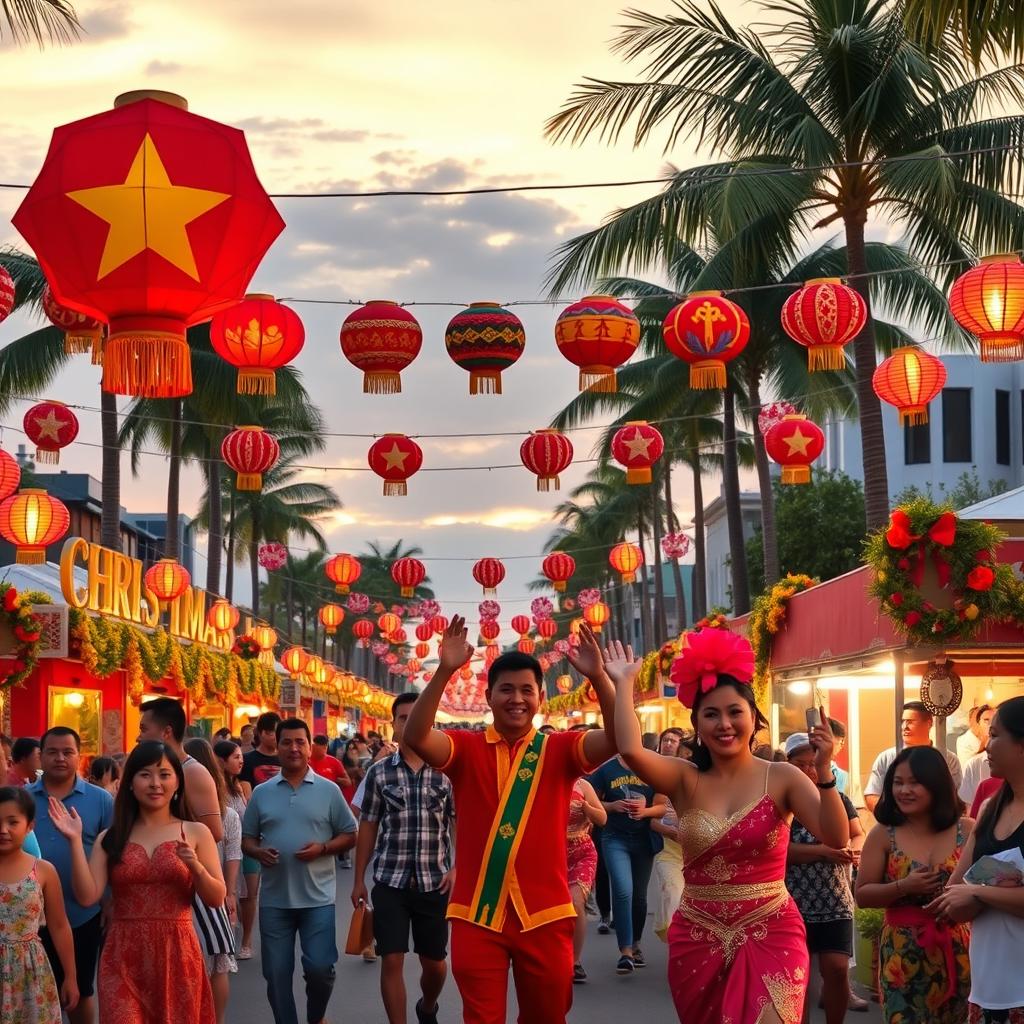 A vibrant street festival celebrating Filipino culture, featuring colorful parols (Christmas lanterns), traditional Filipino attire such as Barong Tagalog and Filipiniana dresses, joyful dancers performing a lively Tinikling dance, delicious street food stalls serving favorites like lechon and halo-halo, and the warm smiles of people enjoying the festivities