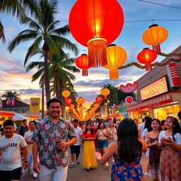 A vibrant street festival celebrating Filipino culture, featuring colorful parols (Christmas lanterns), traditional Filipino attire such as Barong Tagalog and Filipiniana dresses, joyful dancers performing a lively Tinikling dance, delicious street food stalls serving favorites like lechon and halo-halo, and the warm smiles of people enjoying the festivities