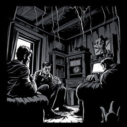 A dark horror scene depicted in a black and white comic style featuring a group of people engaged in a tense conversation inside a dimly lit house