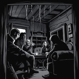 A dark horror scene depicted in a black and white comic style featuring a group of people engaged in a tense conversation inside a dimly lit house