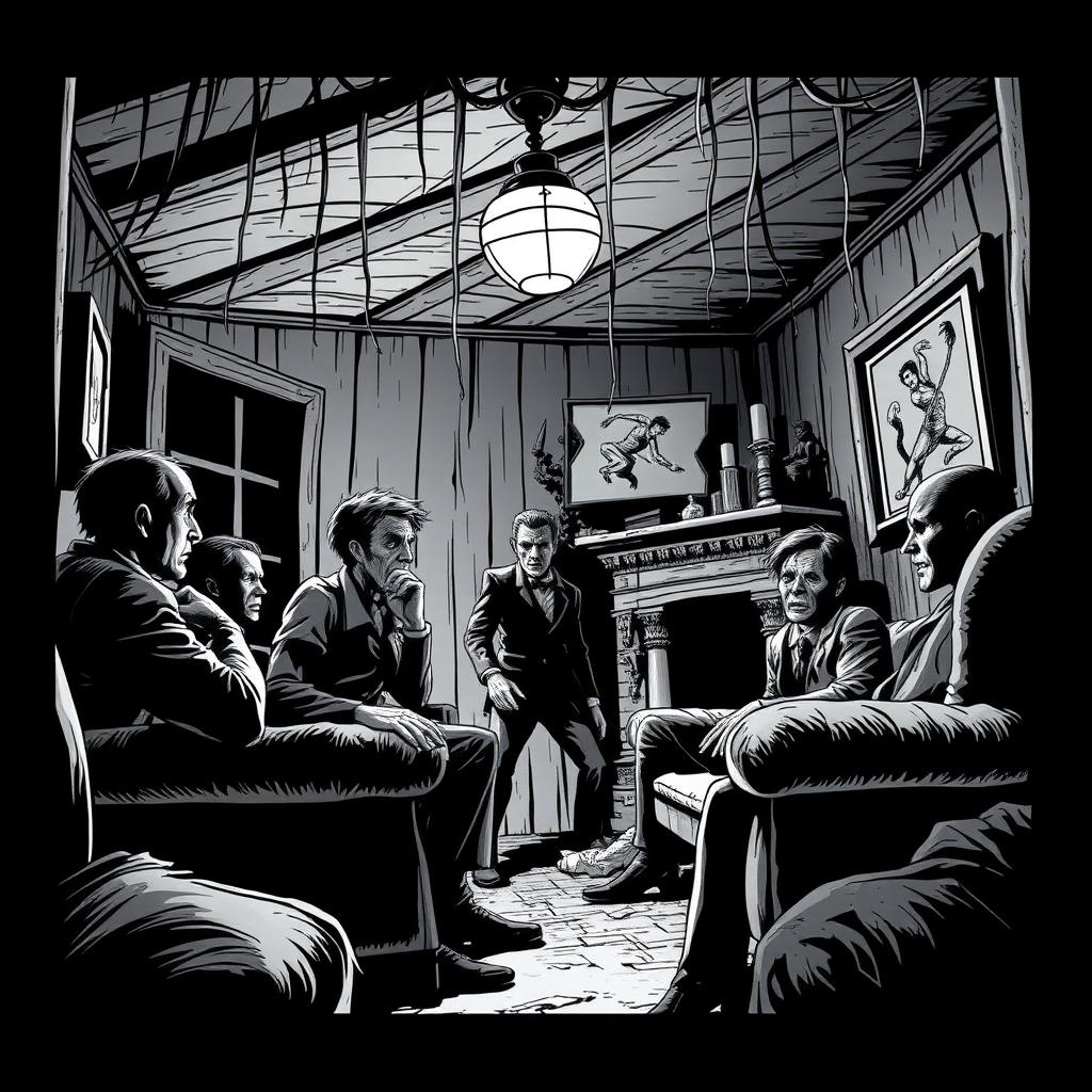 A dark horror scene depicted in a black and white comic style featuring a group of people engaged in a tense conversation inside a dimly lit house