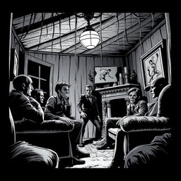 A dark horror scene depicted in a black and white comic style featuring a group of people engaged in a tense conversation inside a dimly lit house