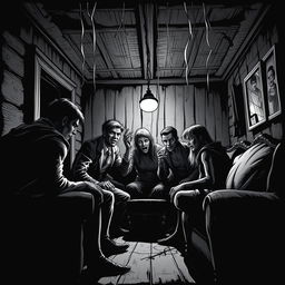 A dark horror scene depicted in a black and white comic style featuring a group of people engaged in a tense conversation inside a dimly lit house