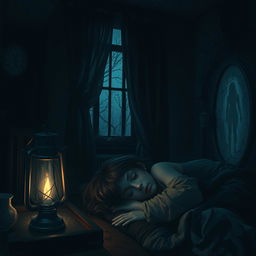 A hauntingly beautiful scene of a girl sleeping in her dimly lit room, surrounded by eerie shadows and unsettling decor