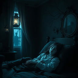 A hauntingly beautiful scene of a girl sleeping in her dimly lit room, surrounded by eerie shadows and unsettling decor