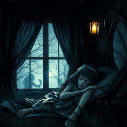 A hauntingly beautiful scene of a girl sleeping in her dimly lit room, surrounded by eerie shadows and unsettling decor