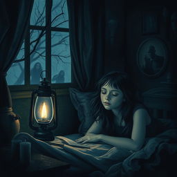 A hauntingly beautiful scene of a girl sleeping in her dimly lit room, surrounded by eerie shadows and unsettling decor