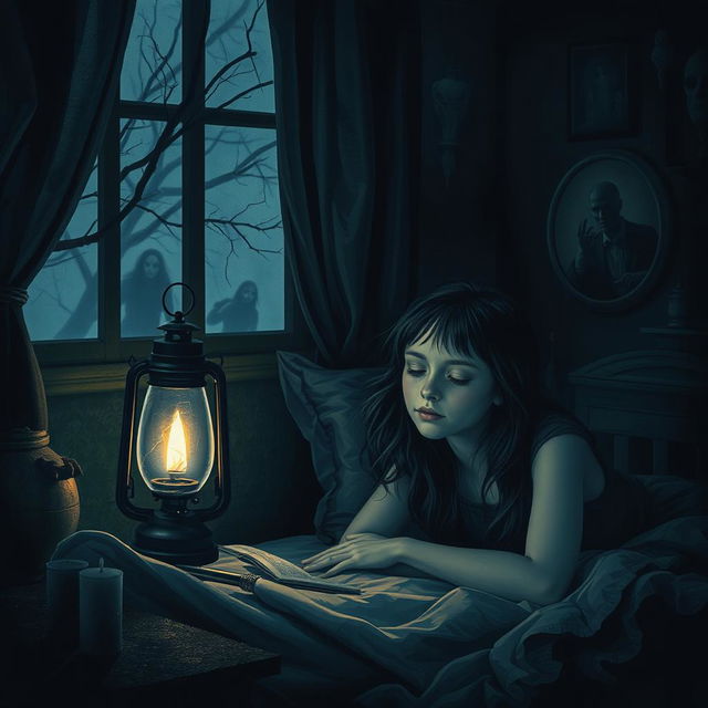 A hauntingly beautiful scene of a girl sleeping in her dimly lit room, surrounded by eerie shadows and unsettling decor