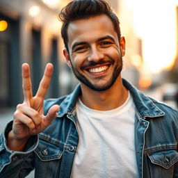 A close-up portrait of a man confidently showing the peace sign with his right hand, against a blurred urban background