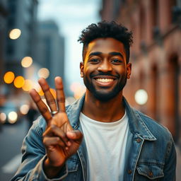 A close-up portrait of a man confidently showing the peace sign with his right hand, against a blurred urban background