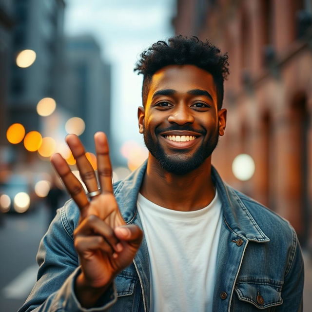 A close-up portrait of a man confidently showing the peace sign with his right hand, against a blurred urban background