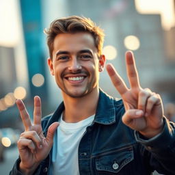 A close-up portrait of a man confidently showing the peace sign with his right hand, against a blurred urban background