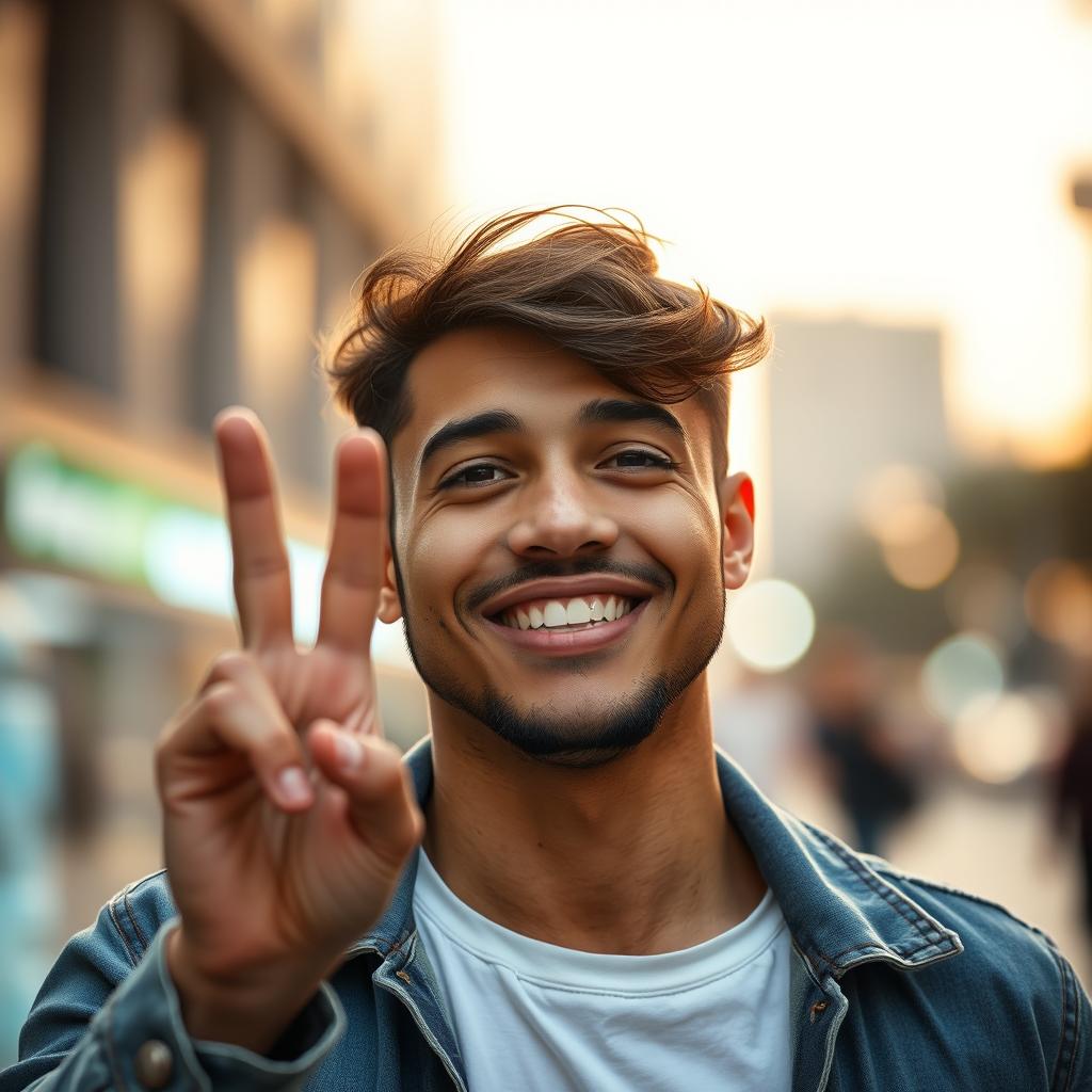 A close-up portrait of a man confidently showing the peace sign with his right hand, against a blurred urban background