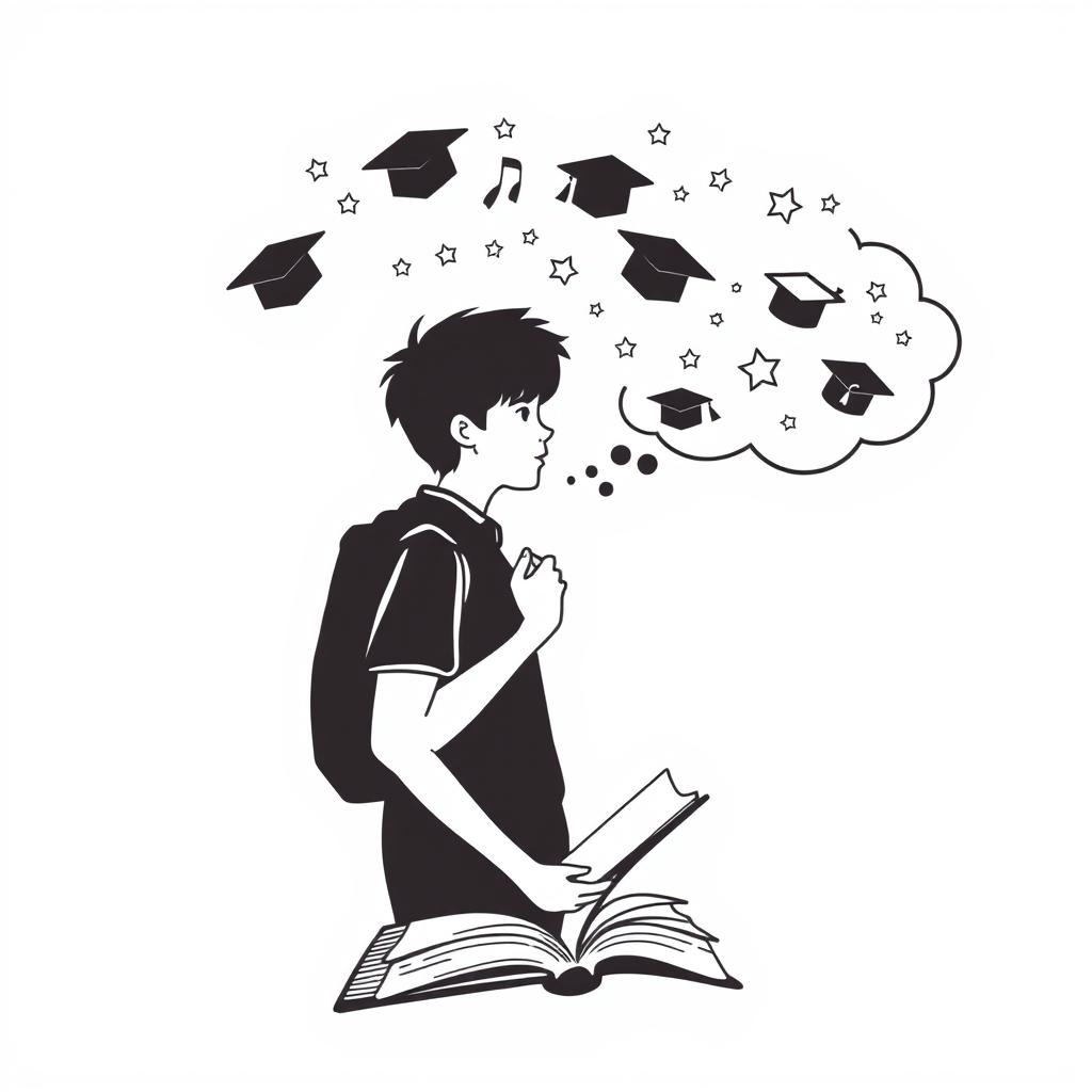 A silhouette of a student taking a deep breath, with their eyes gently focusing on an open textbook in front of them