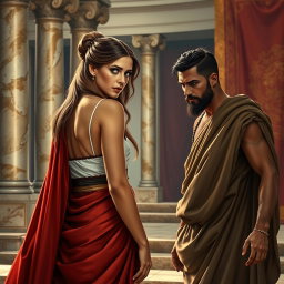 A Roman woman with elegant attire turning away from her husband, displaying a look of disdain, with her long flowing hair cascading down her back