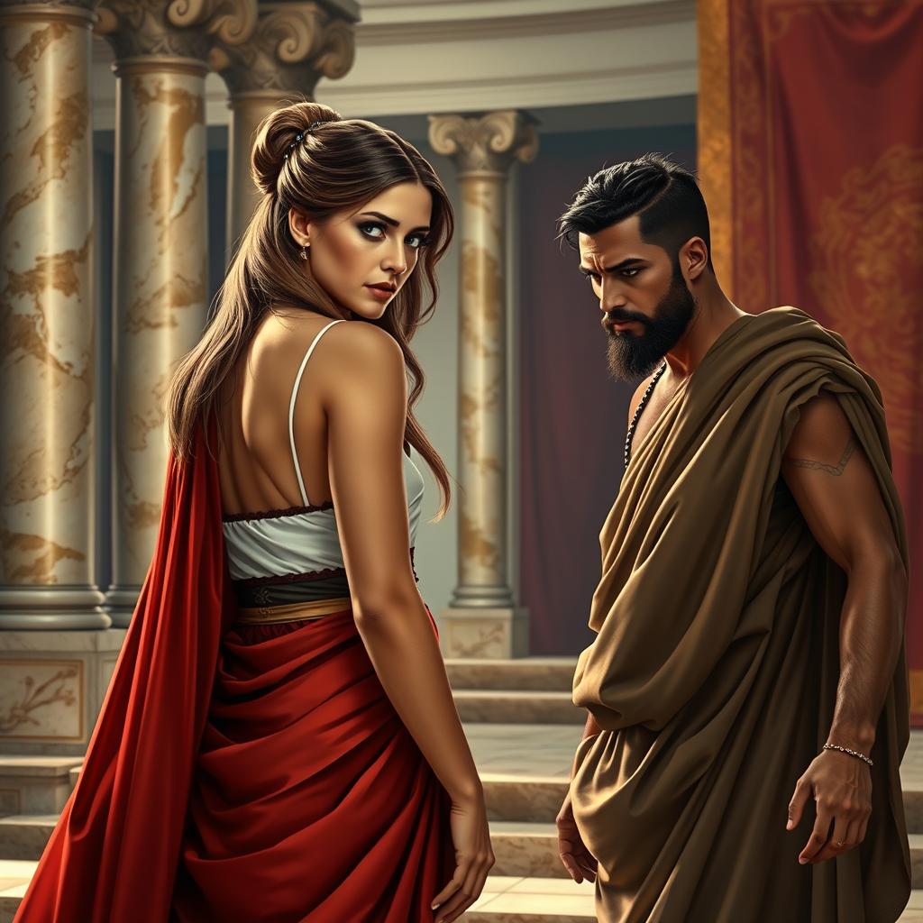 A Roman woman with elegant attire turning away from her husband, displaying a look of disdain, with her long flowing hair cascading down her back
