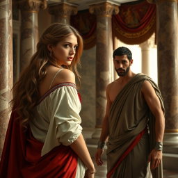A Roman woman with elegant attire turning away from her husband, displaying a look of disdain, with her long flowing hair cascading down her back