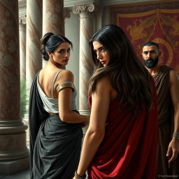 A Roman woman with elegant attire turning away from her husband, displaying a look of disdain, with her long flowing hair cascading down her back