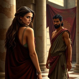 A Roman woman with elegant attire turning away from her husband, displaying a look of disdain, with her long flowing hair cascading down her back