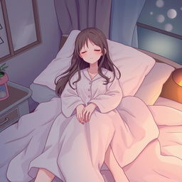A serene nighttime scene featuring a girl peacefully sleeping in a cozy bedroom, wearing long, flowing sleepwear